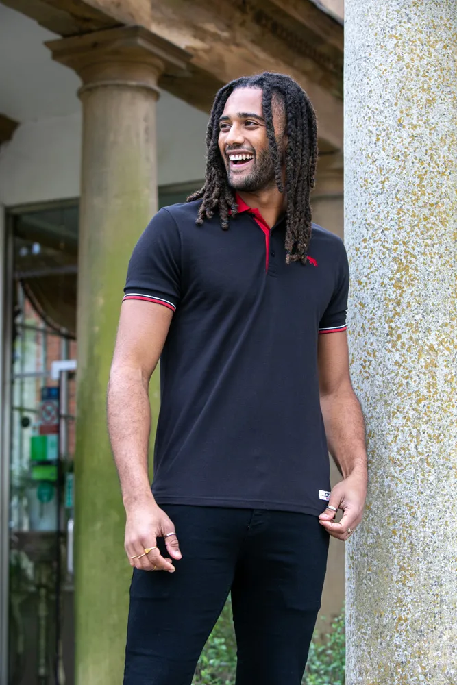 D555 Mens Black Pique Polo Shirt With Cuff and Collar Tipping Detail (CHESTER)